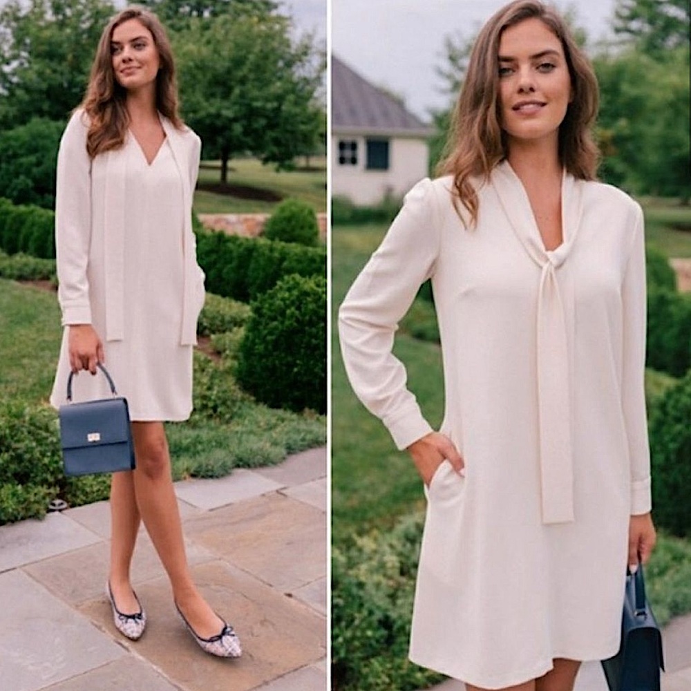 GAL MEETS GLAM -  NWOT Ines Tie Neck Long Sleeve Ivory Shift Dress Size US 2